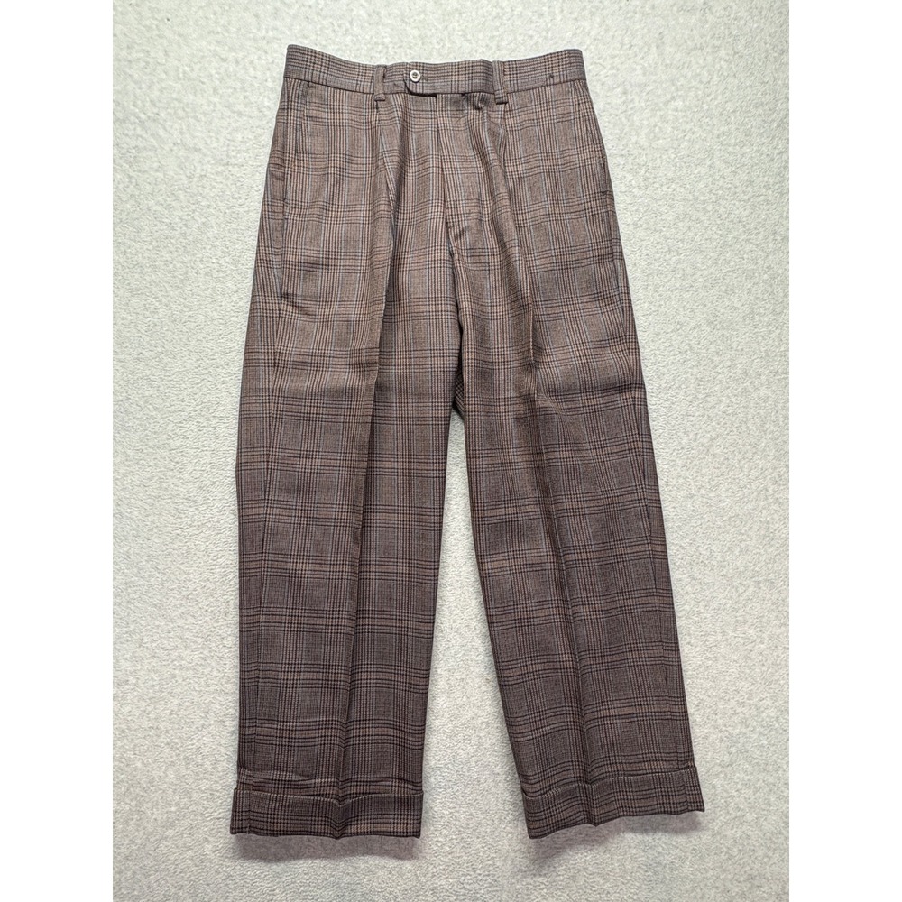 Inserch Icon Mens Brown Blue Glen Plaid 100% Pure Wool Pleated Cuffed Pants 36
